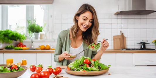 healthy person eating salad with energy and vitality, bright kitchen