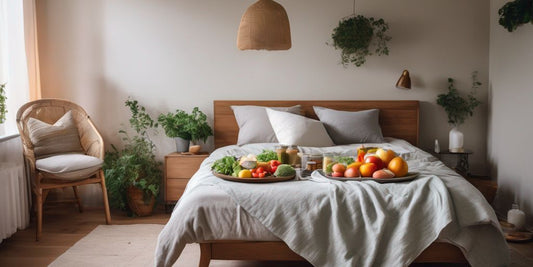 person sleeping peacefully in a cozy bedroom with healthy food on a bedside table