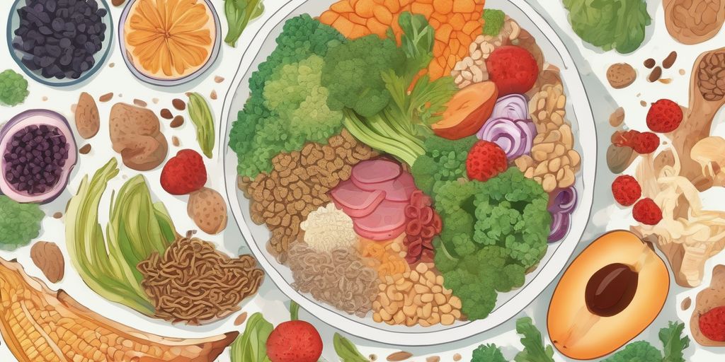 healthy gut concept, person eating fiber-rich foods, digestive system illustration