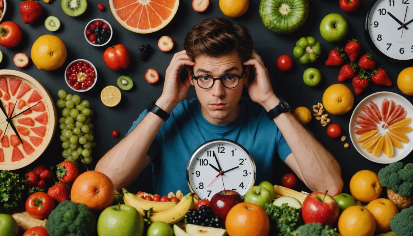 Person confusedly looking at a clock, surrounded by fruits, vegetables, and snacks, representing constant hunger.